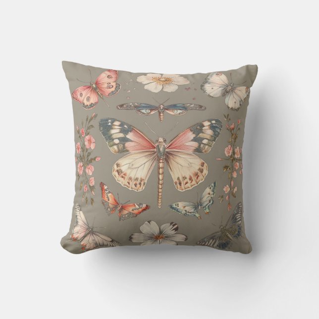 Coussin Papillons et Moths de Style Cottagecore  (Recto)