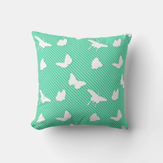 Coussin Papillons et rayures fines - blanc sur aqua (Recto)