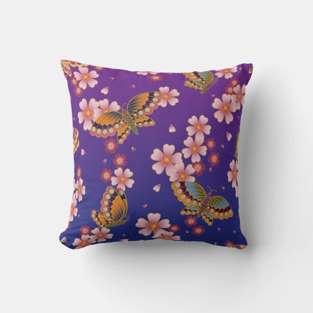 Coussin Papillons Japonais Au Milieu Du Sakura Fleurit Vio (Recto)