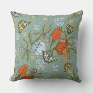 Coussin Papillons jaunes Tulipes rouges bleues turquoises