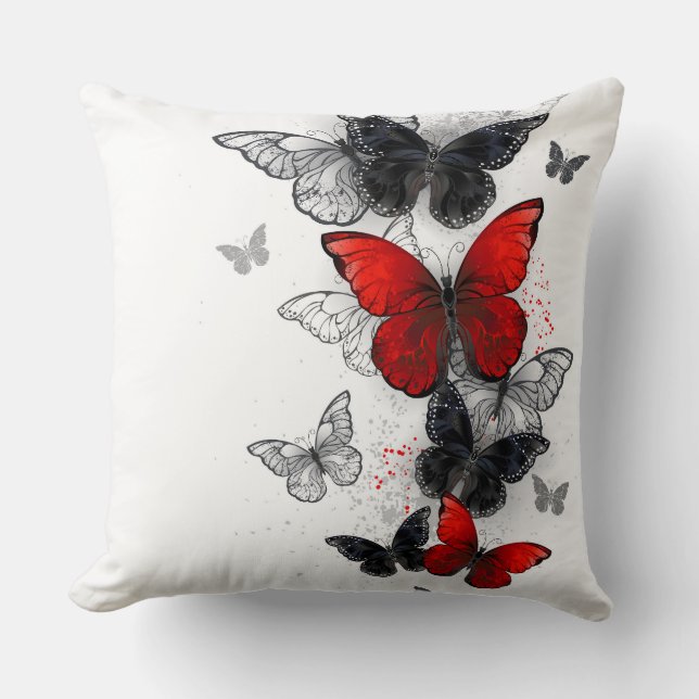 Coussin Papillons noirs et rouges volants (Recto)