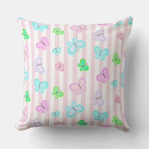Coussin Papillons pastel quilty sur rayure rose blanc