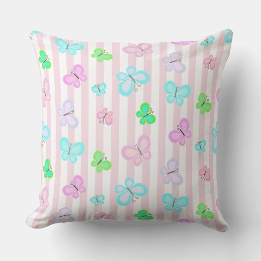 Coussin Papillons pastel quilty sur rayure rose blanc (Recto)
