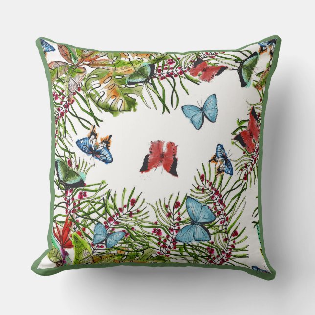 Coussin Papillons Plante tropicaux Berries Bleu rouge (Recto)