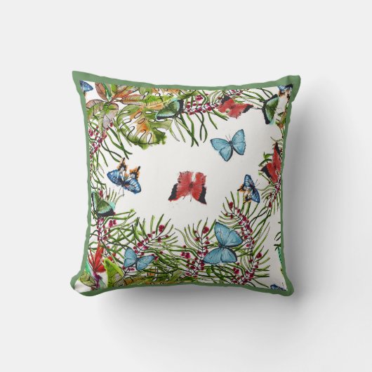 Coussin Papillons Plante tropicaux Bleu rouge (Recto)
