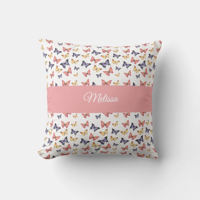 Coussin Papillons Rose Violet Monogramme Nom (Recto)