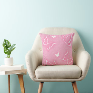 Coussin Papillons roses et blancs sur fond rose scintillan