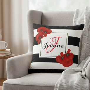 Coussin Papillons rouges sur Arrière - plan rayé noir et b