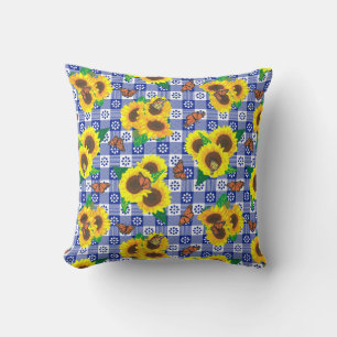 Coussin Papillons tournesols En vichy bleu