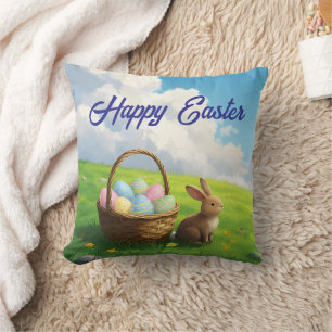 Coussin Pâques paisible, lapin de prairie printanière et p