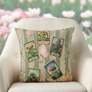 Coussin Paquet de graines Vintage Sage Rayures Aspect Velo