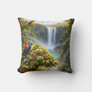 Coussin Paradis du café tropical – Cascade et perroquets