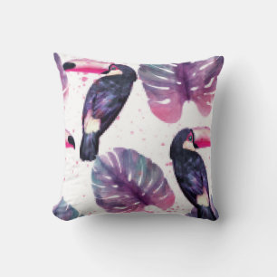 Coussin Paradis tropical avec perroquets aquarelles et pal
