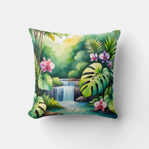 Coussin Paradis tropical de la jungle à cascade et orchidé