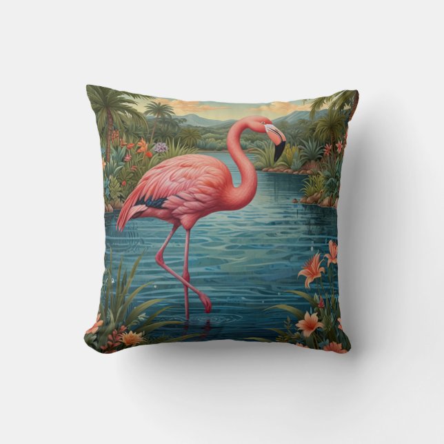 Coussin Paradis tropical flamand rose rétro (Recto)