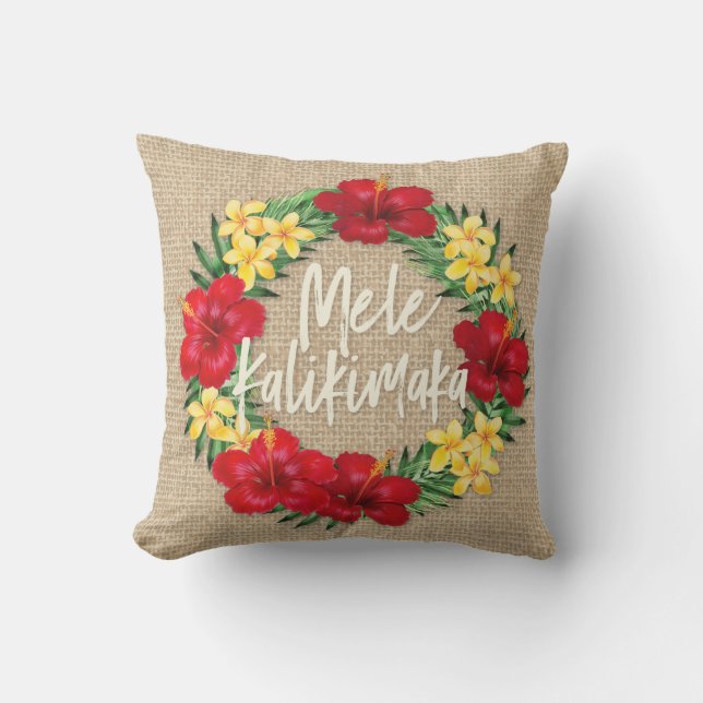 Coussin Paradis Tropical Hawaiian Holiday Wreath Burlap (Recto)