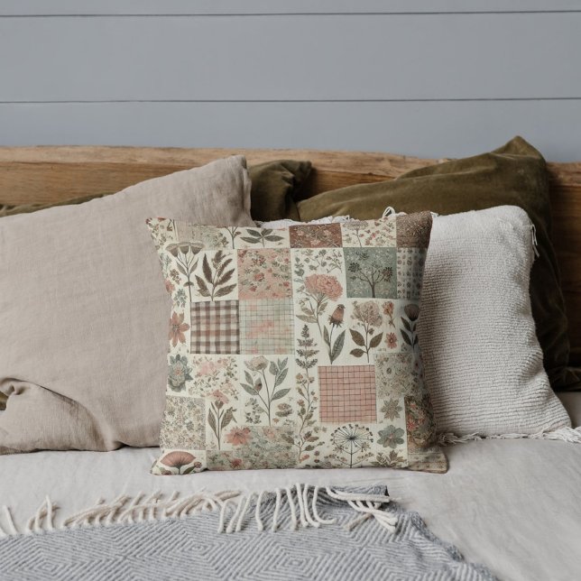 Coussin Parcelle en Patchwork Vert Rose Rustique Rétro Vin (Créateur téléchargé)