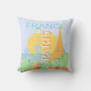 Coussin Paris, France, Art du voyage, Preppy, Pastel, Bleu