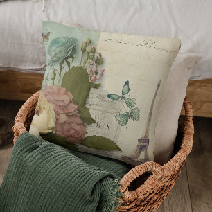 Coussin Paris France Tour Eiffel Butterfly Floral Collage