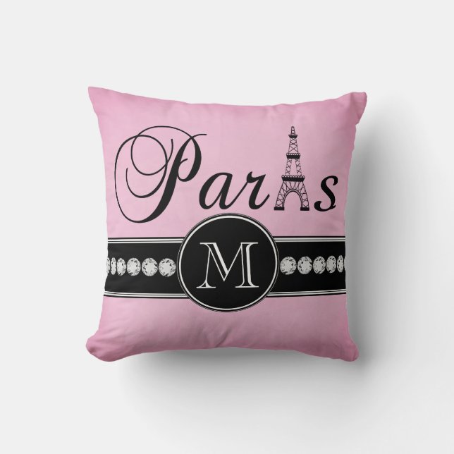 Coussin Paris noir rose Girly décoré d'un monogramme (Recto)