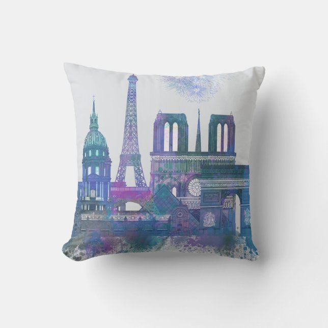 Coussin Paris Skyline - Aquarelle bleu (Recto)