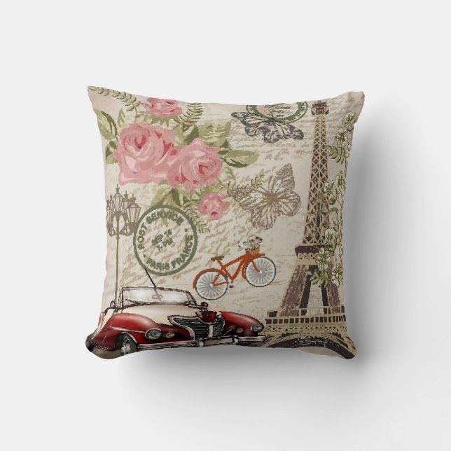 Coussin Paris Vintage : Style carte postale (Recto)