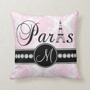 Coussin parisien de monogramme de noir blanc rose