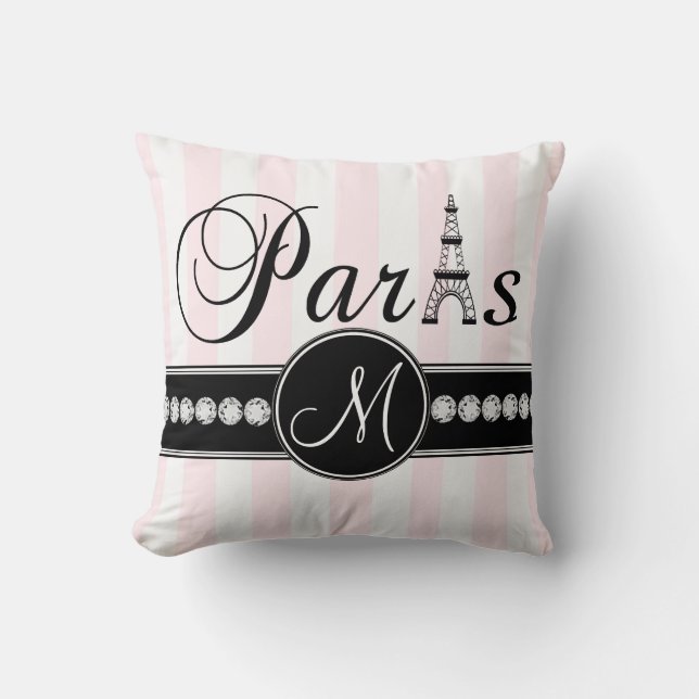 Coussin parisien de monogramme de noir blanc rose (Recto)