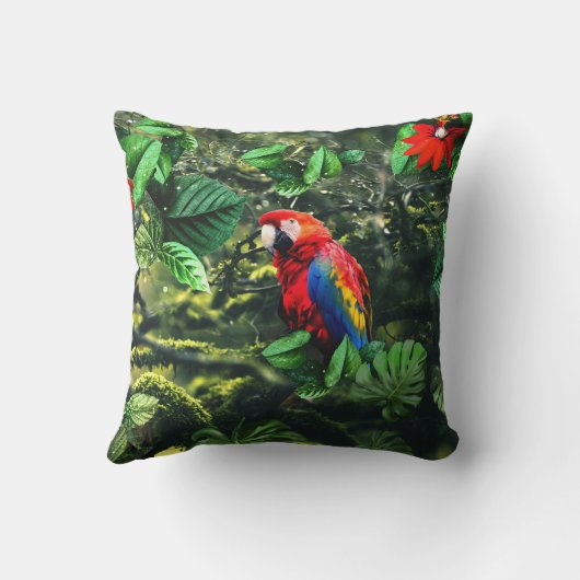 Coussin Parrot écarlate macaw dans la jungle avec des fleu (Verso)