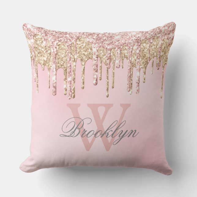 Coussin Parties scintillant en or rose rose pâle Nom Monog (Recto)