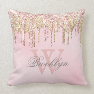 Coussin Parties scintillant en or rose rose pâle Nom Monog