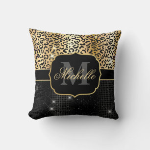 Coussin Parties scintillant noir et or Glam Leopard Spots 