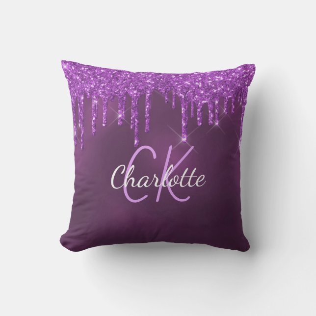 Coussin Parties scintillant pourpre goutte nom monogramme  (Recto)