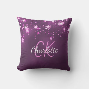 Coussin Parties scintillant rose violet étoiles nom monogr