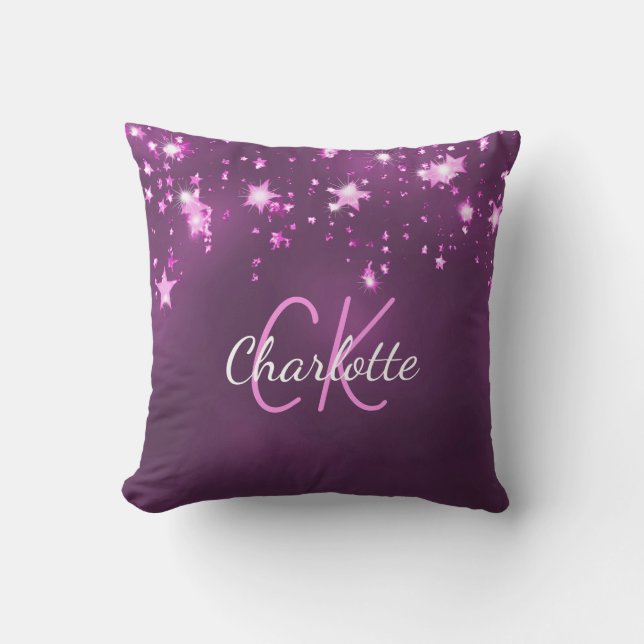 Coussin Parties scintillant rose violet étoiles nom monogr (Recto)