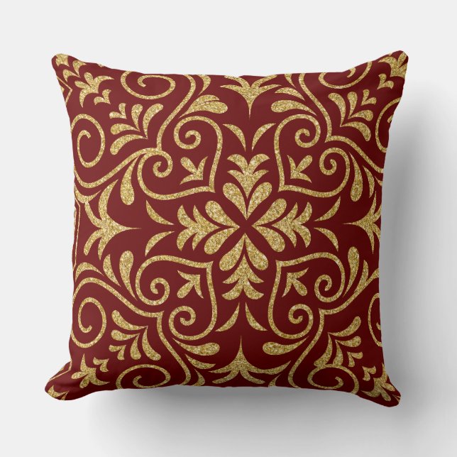 Coussin Parties scintillant rouge foncé et or Floral Maroc (Recto)