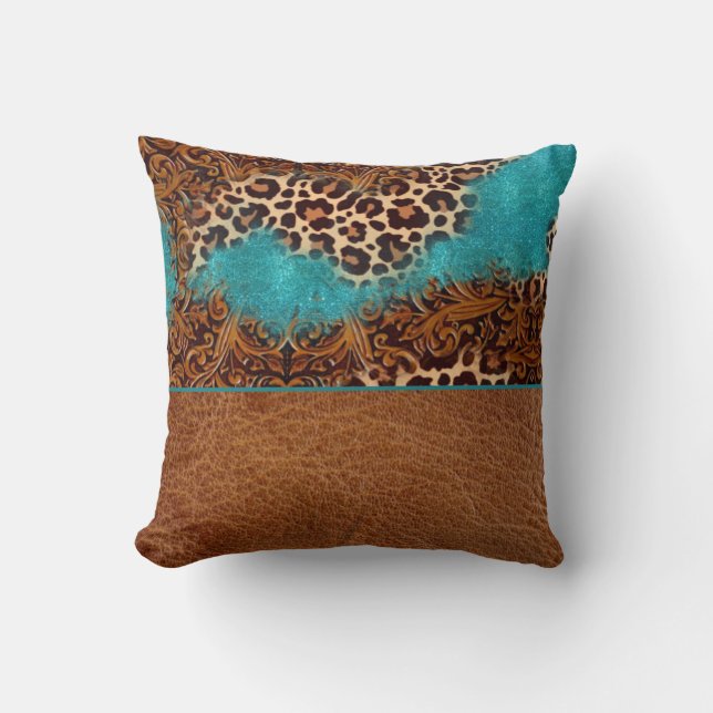 Coussin Parties scintillant Turquoise Occidentale Léopard  (Recto)