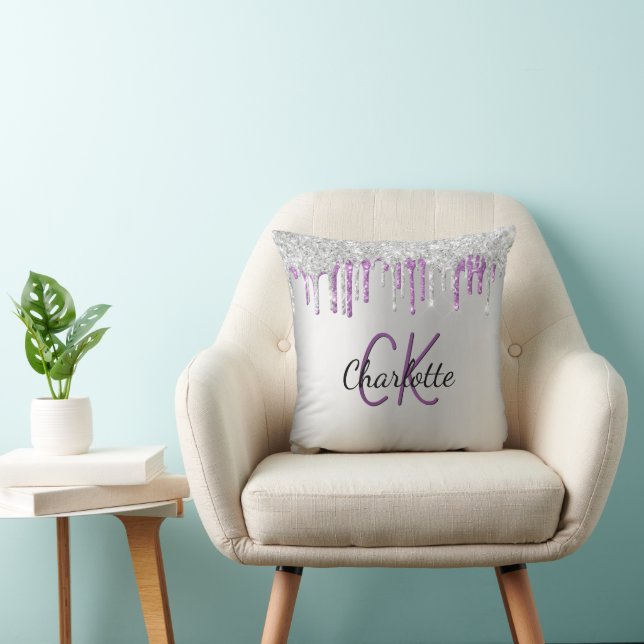 Coussin Parties scintillant violet argent goutte nom monog (Chaise)