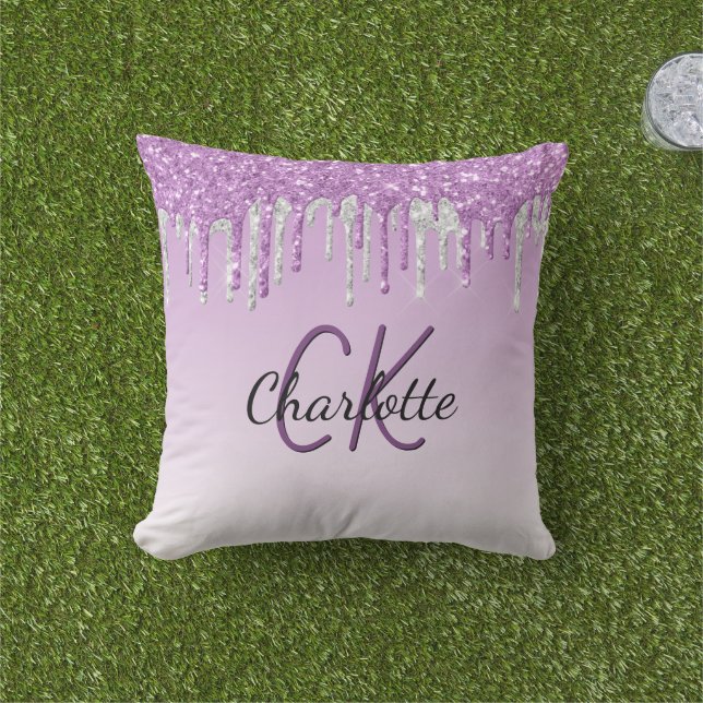 Coussin Parties scintillant violet gouttes argent nom mono (Herbe)