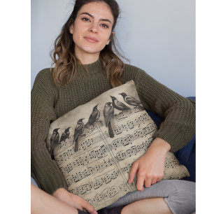 Coussin Partition musicale d'oiseaux chanteurs vintage