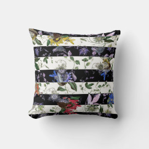 Coussin Passiflore Colorée sur Rayures Noires et Blanches