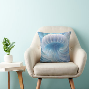 Coussin Pastel Blue Jellyfish Fractal Art Under the Sea,