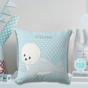 Coussin Pastel Blue Polka-Dot Baby Arctic Seal Monogramme