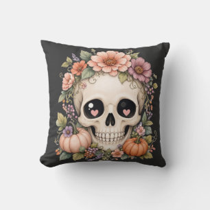 Coussin Pastel Cute Crâne PNG Coquette Fleurs d'Automne
