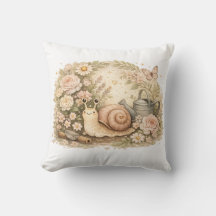 Pastel Floral Snail Aesthetic Garden Throw Pillow