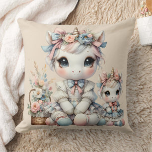 Coussin Pastel Kawaii Licorne Duo Mère Fille Beige