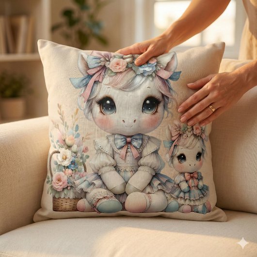 Coussin Pastel Kawaii Licorne Duo Mère Fille Beige