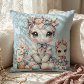 Coussin Pastel Kawaii Licorne Duo Mère Fille Bleu