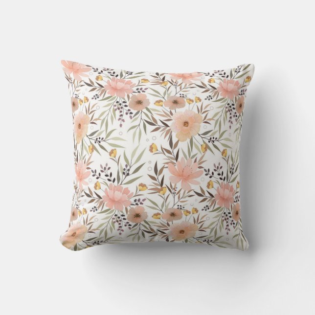 Coussin Pastel Peach Rose Olive Aquarelle Motif Floral (Recto)
