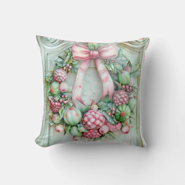 Coussin Pastel Pink and Green Christmas Throw Pillow (Recto)